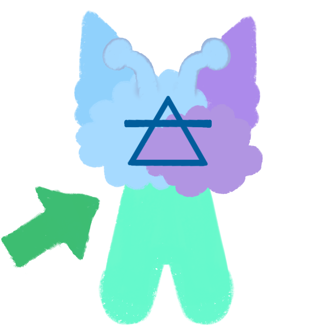 a cloud-like creature that's blue and purple on the face has antenna and ears, and has a teal body, with an alchemical triangle symbol on the face and a green arrow pointing to aer.